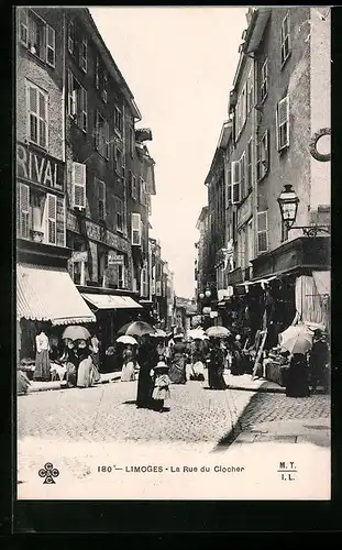 AK Limoges, La Rue du Clocher, Strassenpartie