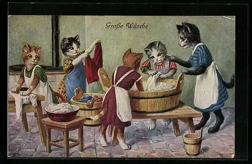 AK Katzen bei der grossen Wäsche, vermenschlichte Tiere