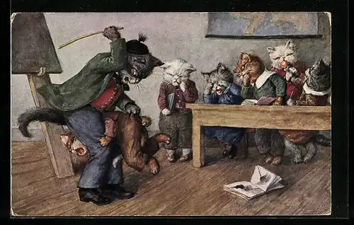 AK Katzenlehrer schlägt Katzenjungen, vermenschlichte Tiere