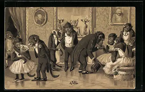 Präge-AK Affen auf einer Ballveranstaltung, vermenschlichte Tiere