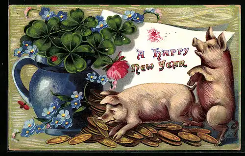 Präge-AK Vase mit Kleeblättern und Schweine mit Geldmünzen, Neujahrsgruss, vermenschlichte Tiere
