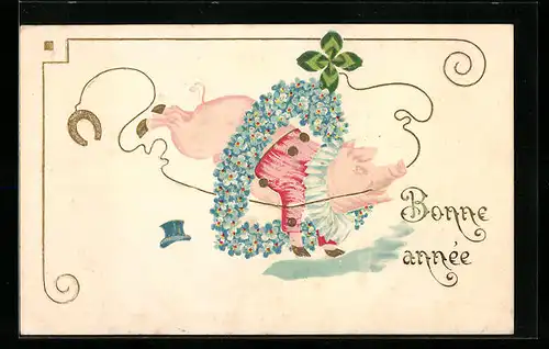 Präge-AK Schwein springt durch einen Blumenkranz, Neujahrsgruss, vermenschlichte Tiere