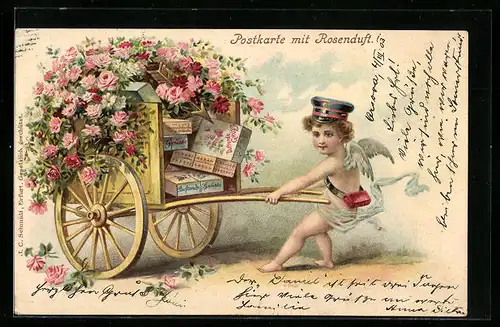 Duft-AK Engel mit Paketen auf einem Karren