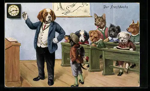 AK Der Frechdachs, Dackel in der Hundeschule, vermenschlichte Tiere