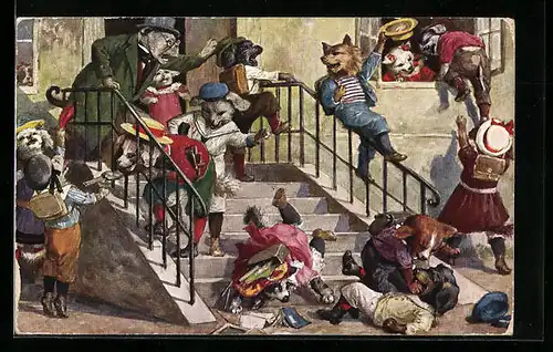 AK Dackel ist auf der Treppe an der Schule ausgerutscht, vermenschlichte Tiere