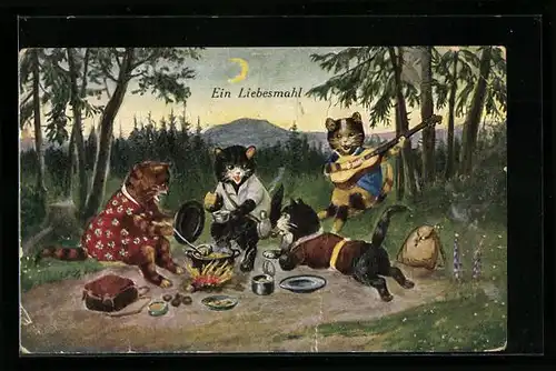 AK Katzen bereiten bei Mondschein ein Liebesmahl zu, vermenschlichte Tiere