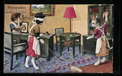 AK Katzen beim Reinemachen in der Stube, vermenschlichte Tiere