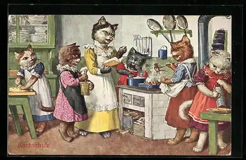 AK Kochschule, Katze mit Katzenkindern in der Küche, vermenschlichte Tiere