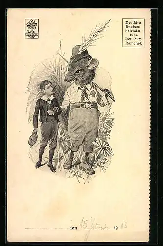 AK Der Gute Kamerad, Deutscher Knabenkalender 1913, Ratte geht mit einem Jungen, vermenschlichte Tiere