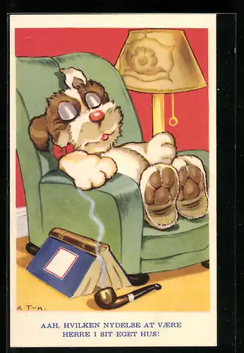 AK Hund ist beim Lesen eingeschlafen, vermenschlichte Tiere