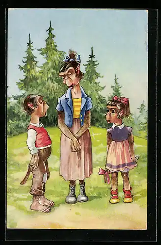 AK Äffin spricht mit ihren beiden Affenkindern, vermenschlichte Tiere