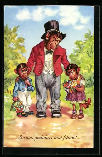 AK Affe und seinen beiden Affenkinder gratulieren, vermenschlichte Tiere