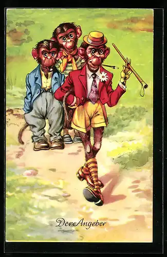 AK Der Angeber, Drei Affen auf einem Feldweg, vermenschlichte Tiere