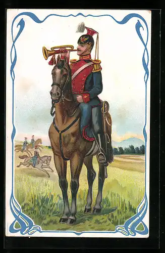 AK Soldat der Kavallerie in Uniform mit Trompete