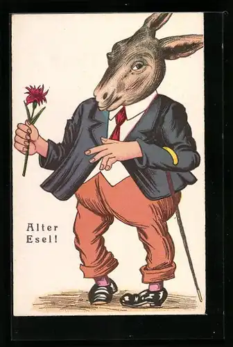 AK Esel mit einer Blume in der Hand, vermenschlichte Tiere