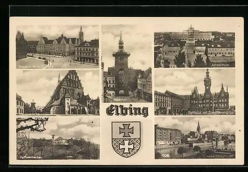AK Elbing, Marienkirche, Friedrich-Wilhelm-Platz, Rathaus, Stadtwappen