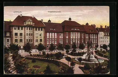 AK Oppeln, Friedrichsplatz mit Anlagen und Brunnen