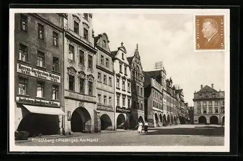 AK Hirschberg i. Riesengeb., Am Markt mit Geschäften