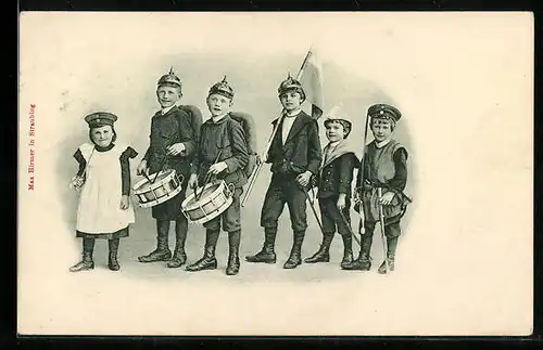 AK Kleine Soldaten mit Fahne und Trommeln