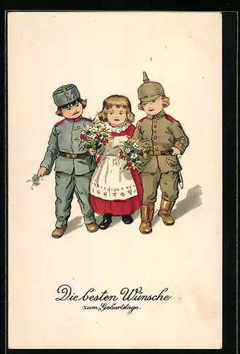AK Zwei kleine Soldaten mit einem Mädchen, Geburtstagsgruss