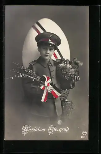 AK Kleiner Soldat mit Osterküken im Korb, Ostergruss