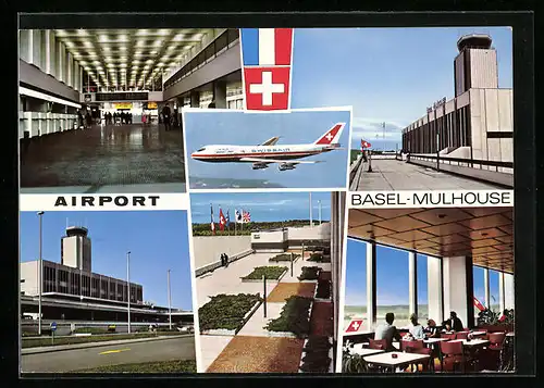 AK Basel, Airport Basel-Mulhouse, Innenansicht Cafe, Flugzeug der Swissair in der Luft