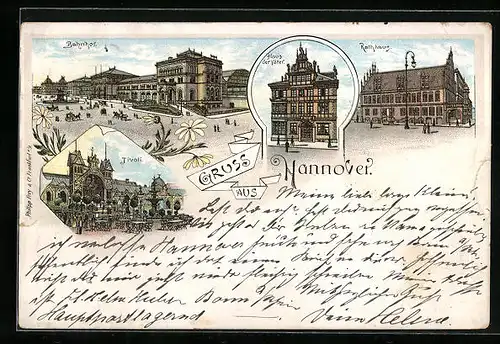 Lithographie Hannover, Restaurant Tivoli, Bahnhof, Rathaus, Haus der Väter