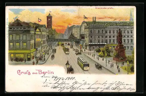 Lithographie Berlin, Alexanderplatz mit Strassenbahnverkehr