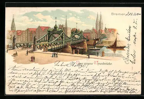 Lithographie Bremen, neue grosse Weserbrücke