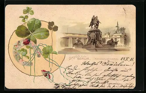 Lithographie Berlin, Nationaldenkmal, Kleeblätter mit Marienkäfern und Hufeisen