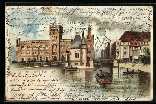 Lithographie Berlin, Städtische Sparkasse am Spreeufer