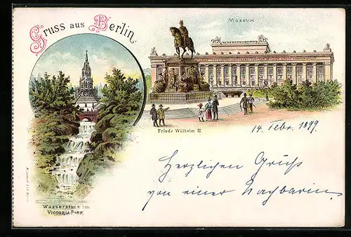 Lithographie Berlin-Kreuzberg, Wassersturz im Victoria-Park, Museum und Denkmal Friedr. Wilhelm III.