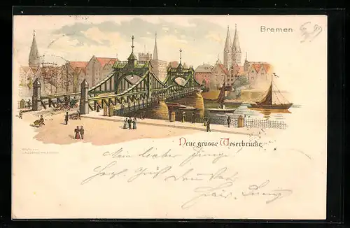 Lithographie Bremen, neue grosse Weserbrücke