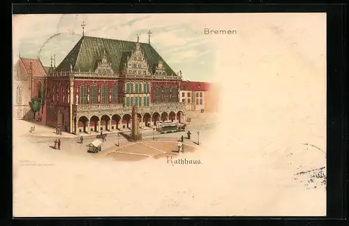 Lithographie Bremen, Rathaus mit Pferdebahn