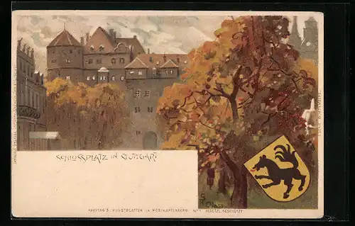Lithographie Stuttgart, Schlossplatz, Stadtwappen