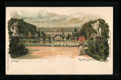 Lithographie Stuttgart, Blick zum Residenzschloss