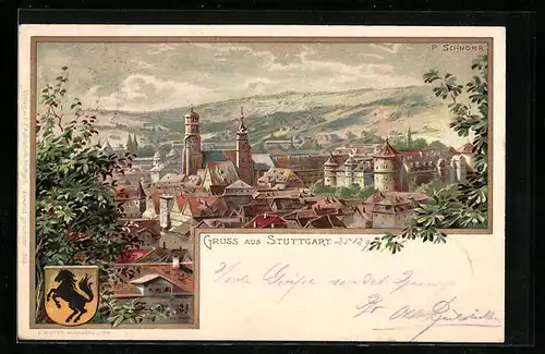 Lithographie Stuttgart, Gesamtansicht, Stadtwappen