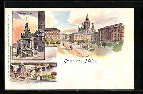 Lithographie Mainz, Gutenbergplatz, Marktbrunnen, Strassenbrücke