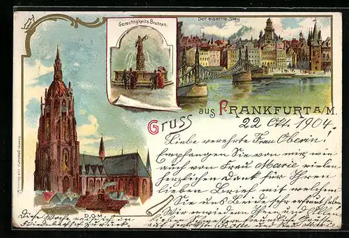 Lithographie Alt-Frankfurt, Eiserner Steg, Dom, Gerechtigkeits-Brunnen