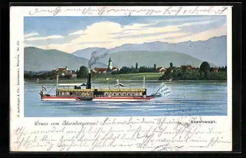 AK Seeshaupt /Starnbergersee, Uferpartie mit Dampfer