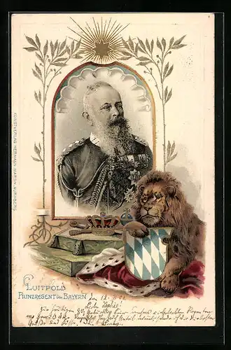 Präge-AK Prinzregent Luitpold von Bayern, Löwe mit Wappen