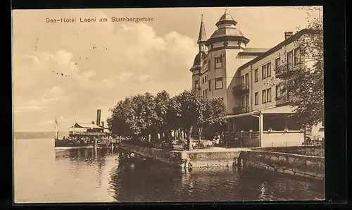 AK Leoni am Starnbergersee, See-Hotel mit Dampfer