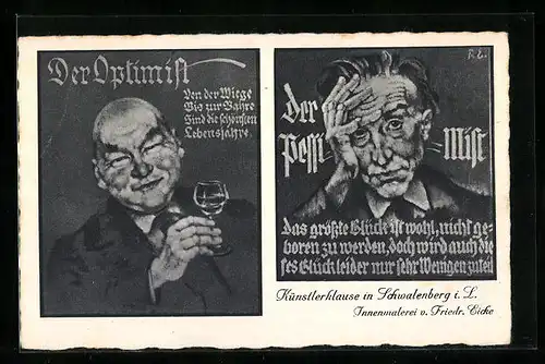 Künstler-AK Schwalenberg i. L., Gasthaus Künstlerklause, Innenmalereien: Der Optimist, Der Pessimist