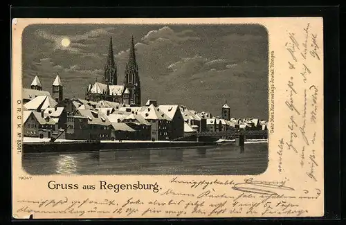 Lithographie Regensburg, Uferpartie mit Kirche bei Mondschein