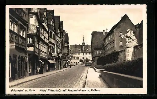 AK Ochsenfurt a. Main, strasse mit Kriegerdenkmal, Geschäften und Rathaus