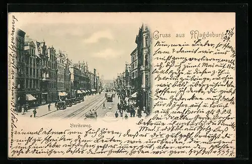 AK Magdeburg, Strasse Breiteweg mit Passanten