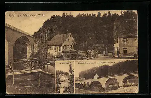 AK Welzheim /Welzheimer Wald, Eisenbahnviadukt bei der Laufenmühle, Wasserfall, Ortspartie