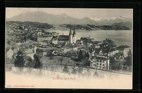 AK Luzern, Teilansicht mit Kirche und Rigi