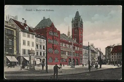 AK Basel, Markt mit Rathaus