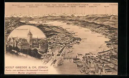 AK Zürich, Schweizer Landesmuseum, Zürichsee mit Zürichhorn, Zollikon u. Rigi, Adolf Grieder & Cie. Seidenstoff-Versandt